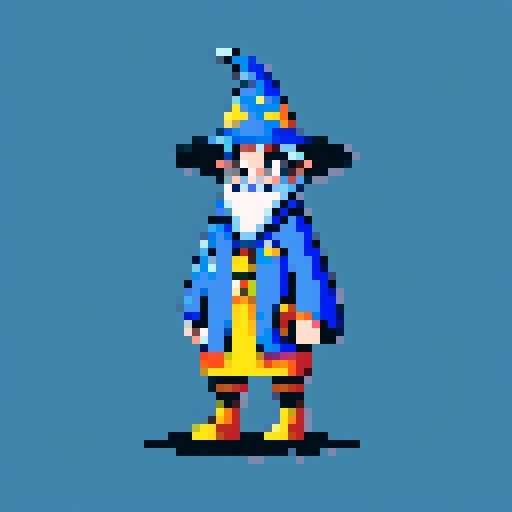 Create a pixel art character of a whimsical wizard . The wizard should wear a blue robe covered with yellow stars and a matching pointy hat. He should have a playful grin
