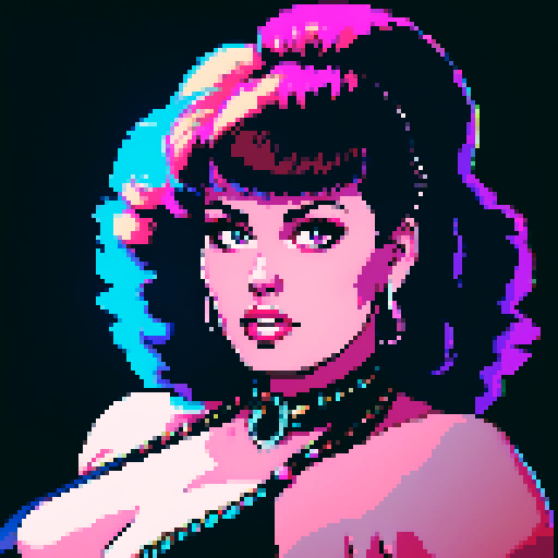 curvy, busty 1980s rocker babe with studded collar. Portrait of head, in a close up glamour shot. Wearing Halter top. Neon lighting, modern tile backsplash