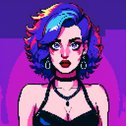 curvy, cute, busty greaser goth girl, with purple hair, blue eyeshadow, red lipstick. wearing bikini, studded collar. Posing in a sexy seductive glamour shot, whole head portrait, avatar photo. vibrant sRGB colors, pixel art, edgy aesthetic