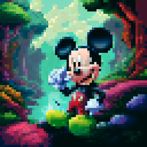 pixelated close up portrait of mickey mouse wearing a purple hoodie and green gloves smoking a joint wearing a green beanie hat