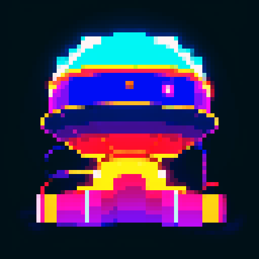 silver ufo, neon glowing, retro pixel art, night sky hovering, light beams shooting, vibrant sRGB colors, pixel art, sRGB,viewed from below at a diagonal angle