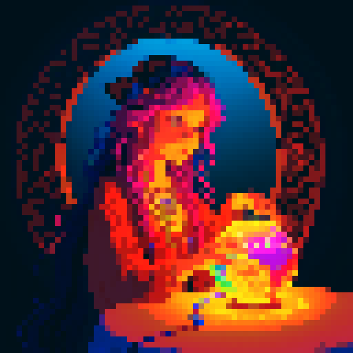 High definition image of a young bohemian witch with flowing hair and colorful attire, gazing into a glowing crystal ball, view as if you are the client, surrounded by magical items and candles.