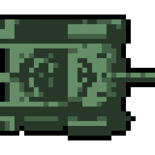 top-down view, pixel art, tank, large turret, noticeable treads, camouflage color scheme, greens and grays, blocky design, retro style, detailed armor plating, barrel