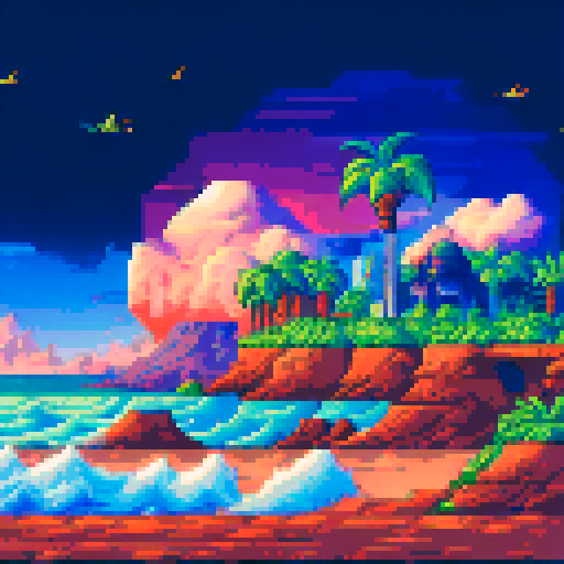 Robot turtles, vibrant colors, pixelated waves, rocky cliffs, palm trees, sunset sky, sandy beach, sparkling ocean, seagulls flying, tropical paradise, sRGB, background, landscape