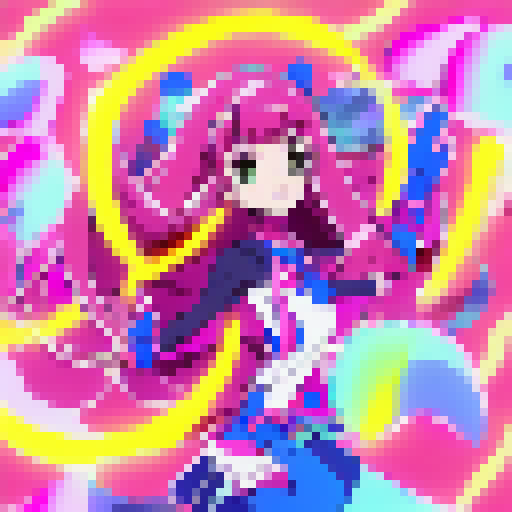A cheerful magical girl with vibrant, flowing ribbons and sparkling spells, defending her city from dark forces.