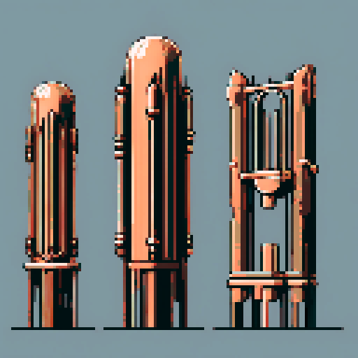 I want a tall vertical copper structure reminiscent of a organ pipe. It should have strange mechanical details that could interlock with each other. I also want this object usable an asset in a videogame, meaning only one object per image, outlined with a strong black stroke, on a solid-color background.