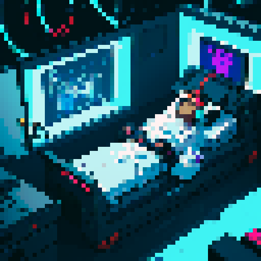 sci fi room where 25 years old guy laying down in the chamber to enter in the virtual world. This guy has headset on his head, no headphones, no vr glasses. Far view. 64 bit pixel art style