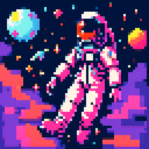 astronaut floating in zero gravity, vibrant colors, blocky pixels, retro video game, 8-bit, space helmet, space suit, stars shining, celestial background, space shuttle, moon in the distance