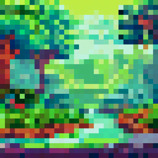 Lush, towering trees in shades of emerald and jade, their leaves shimmering in the sunlight, with a winding river flowing through the center, surrounded by vibrant flowers in a pixel art style, set against a stunning sRGB background