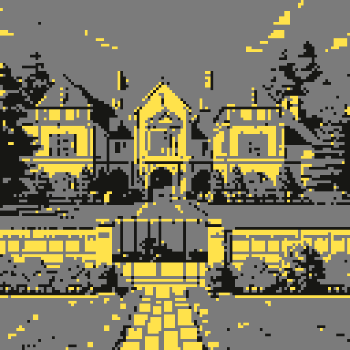 Large suburban american mansion, with driveway and lawn, legend of Zelda isometric perspective, tile based art, 8x8 tiles, pixel art
