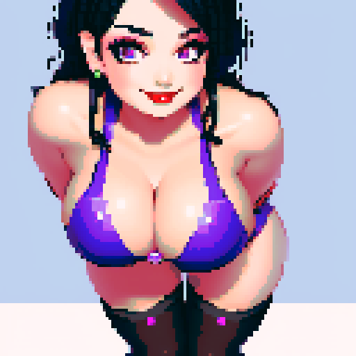 curvy, cute goth girl, smiling, black hair, purple eyeshadow, red lipstick, wearing bikini, glamour shot, pixel art, sRGB