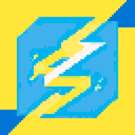 lightning bolt, pixel art, vibrant yellow and blue, electric currents, sparks, clean and simple design, visually appealing, conveying power and electricity, easily recognizable icon, minimalistic style
