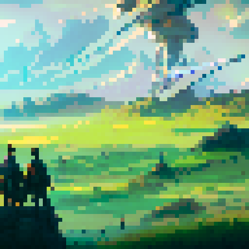 Heroes facing the sunset standing in a flourishing fields with lush greenery wind turbines and solar panels