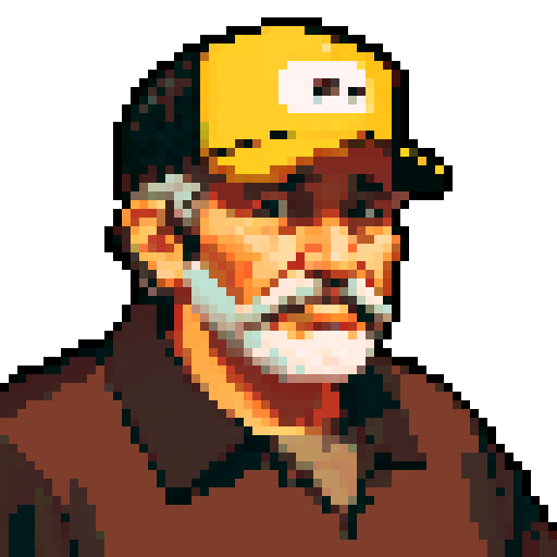 portrait, sprite art, old man, store clerk, rustic, soft eyes, trucker, smoker