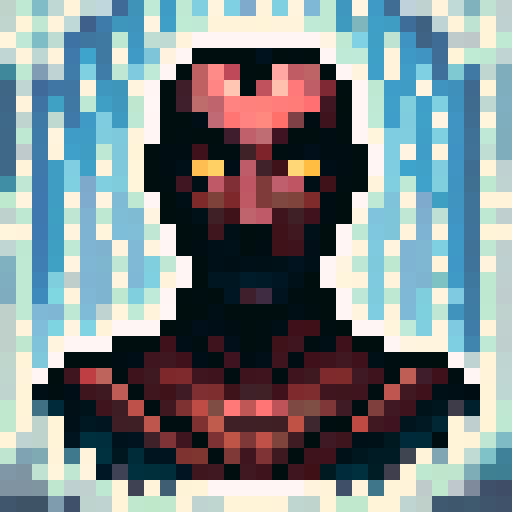 Dracula, sinister and regal, with piercing red eyes, fangs glistening, against a dark, gothic background, in a 32x32 pixel art style, skillfully portrayed in a close-up, captivating portrait