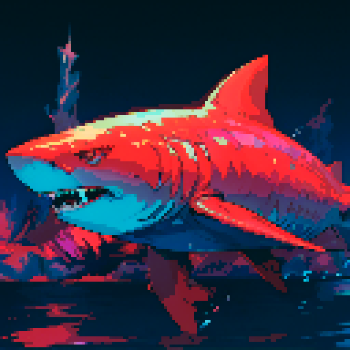 shark, vibrant colors, sharp teeth, underwater scene, dynamic movement, 8-bit style, detailed scales, contrasting shadows, oceanic background, retro gaming aesthetic