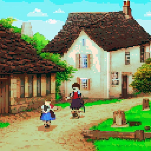 Walking through a village in 18th century french countryside. In view is a rustic tavern entrance, a beautiful fountain, some kids playing with a dog, a ox drawn cart full of baskets of fruit and a few other rustic buildings.