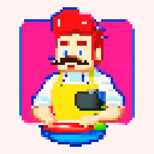 cooking chef sprite character with moustache , frying pan in hand, pixel art, vibrant colors, detailed sprites, retro aesthetic, 8-bit style, sRGB color profile, lively animations