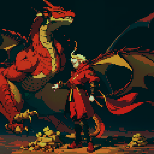 red dragon, pile of gold coins, full-body image of dragon