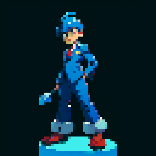 A full body character, an economist wearing a suit, megaman style, retro