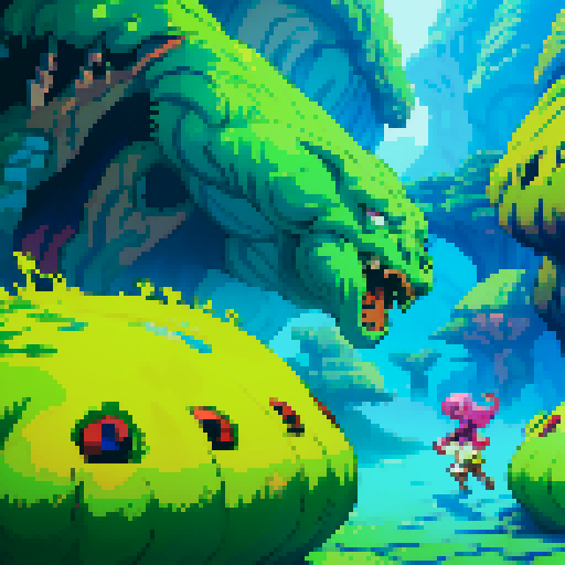 monster, vibrant colors, stylized pixel art, jrpg, slime, dynamic poses, 16-bit, expressive facial expressions, whimsical environments, fantasy creatures, action-packed scenes