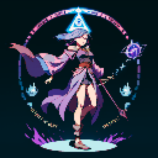 full-body image, sorceress facing right, sorceress ready to fight, evil sorceress, floating, arms out, magic circles, magic power, spell, evil sorceress, evil witch, magic symbols, ultimecia, final fantasy, sRGB, pixel art