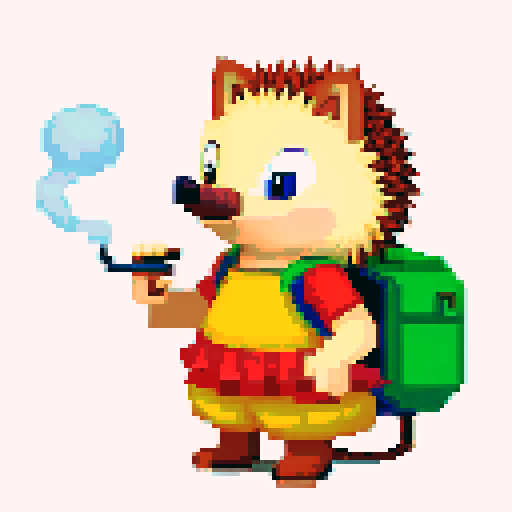 antropomorphic hedgehog with backpack and smoking pipe