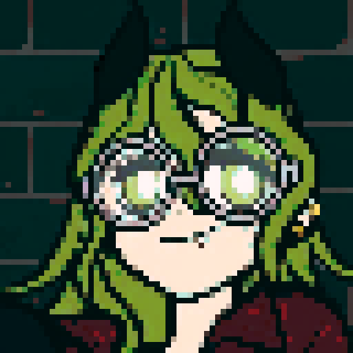 pale-skinned demon, green messy hair, two small black horns, green eyes, round golden glasses, golden ear piercings, red jacket, pixel art, sRGB