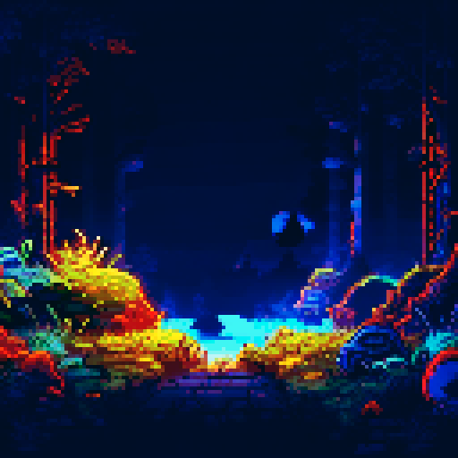 Dark, eerie cave entrance with glowing, bioluminescent mushrooms lining the walls, casting an otherworldly light onto the rugged, moss-covered ground, creating a mysterious and enchanting pixel art background
