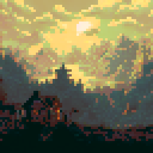 Generate a scene depicting a village under attack by night creatures for a game set in an apocalyptic world. The village should be nestled in a valley surrounded by dense forests and looming mountains, with a full moon casting an eerie glow over the landscape. Buildings should be ablaze, with flames licking the night sky and casting flickering shadows. In the foreground, 
