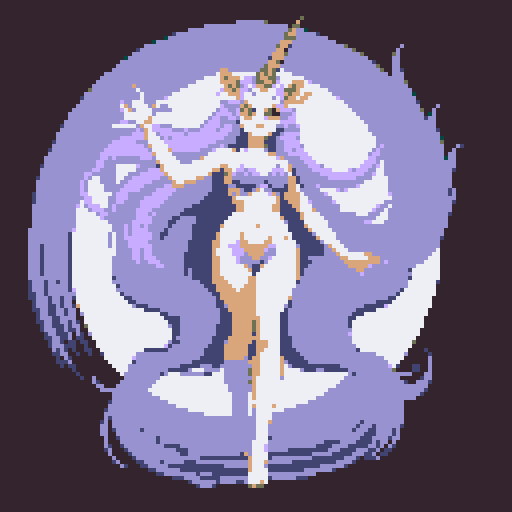 mystic druid wild woman unicorn faun hybrid bathed in moonlight, with a playful demeanor, cloven hooves, showcasing its full body in pixel art style with vibrant sRGB colors
