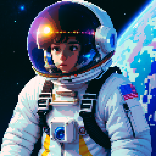 androgynous astronaut, vibrant spacesuit, floating gracefully, starry backdrop, nebula hues, pixelated stars, determined gaze, reflective clear visor, visible face, cosmic energy, self-discovery in space, sRGB, pixel art