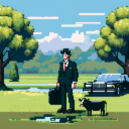 A tired-looking business man in a rumpled suit, carrying a worn briefcase and with cowlick hair, stands with slumped shoulders but a conviction on his face, smiling, in front of a black limousine with open doors, surrounded by a sunny yet rainy countryside meadow A cow grazes nearby as a water puddle forms on the ground, all depicted in vibrant 8-bit pixel art style