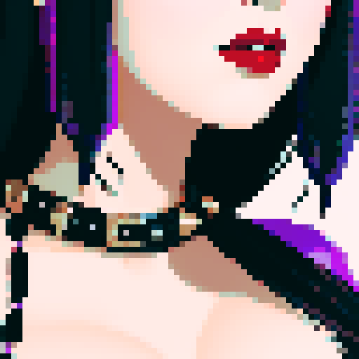 curvy, busty goth, cute goth woman's face, black hair, purple eyeshadow, red lipstick, studded leather string bikini, face portrait, beauty photo, vibrant sRGB colors, pixel art