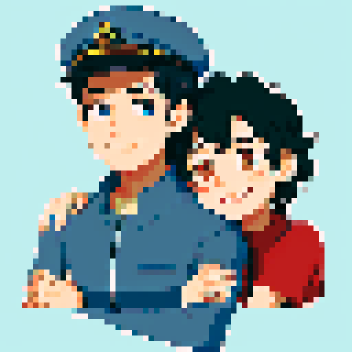 Two males, mecha pilot with pilot cap and gray eyes smiling, arm draped over male with short curly black hair, smiling with tired eyes, pixel art, sRGB