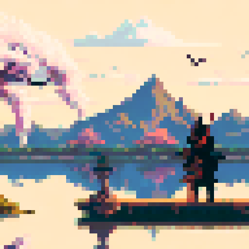 Ancient wooden pagoda surrounded by blooming cherry blossoms, nestled in a misty mountain range overlooking a tranquil river