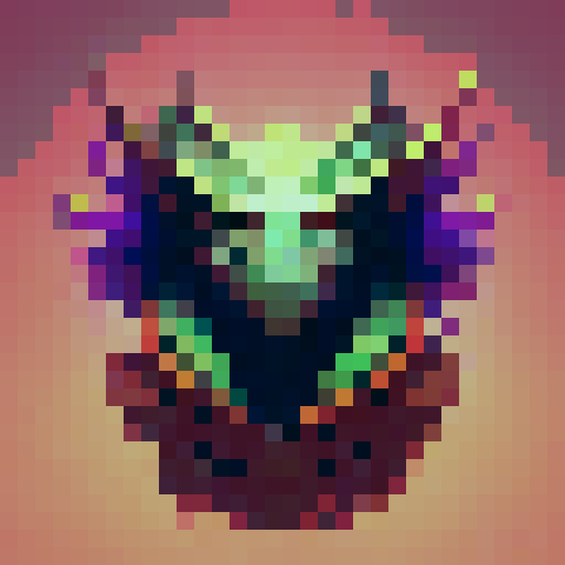 
make a 16x16 pixelart video game style sprite of a gothic style mini monster with sinuous hood and mystical colors