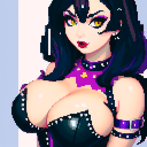 curvy, cute goth cat girl face, black hair, purple eyeshadow, red lipstick, studded leather, face portrait, glamour shot, vibrant sRGB colors, pixel art