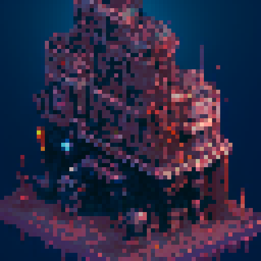 Isometric pixel art, towering mechanical monstrosities, decaying cities, flickering neon signs, bio-mechanical abominations, glowing cybernetic eyes, twisted tentacled nightmares, floating debris, ominous dark skies, toxic wastelands, rusted metal, eerie purple hues, glitching holographic billboards