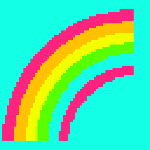 Pixel art of a cute, chubby cat with big round eyes, sitting on a vibrant green grass field surrounded by colorful flowers and a clear blue sky with fluffy white clouds