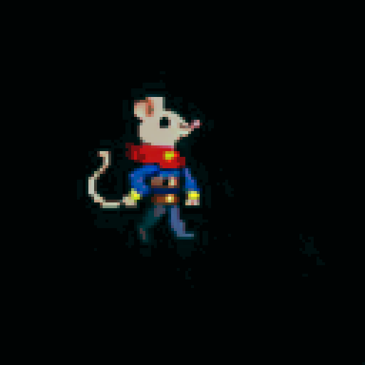 2D art style image of five mice dressed in a blue jacket, black trousers, golden belt and a red scarf running from left to right