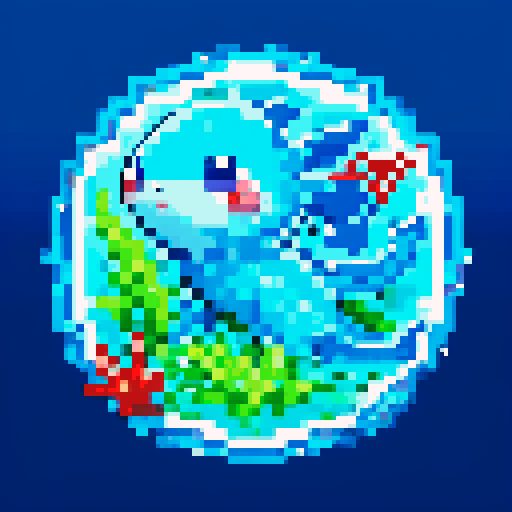 pokemon style water type starter, pixelated sprite, vibrant blue scales, aquatic creature, fins and gills, cute and friendly expression, small and compact body, water droplets splashing, shiny and reflective skin, animated waves surrounding