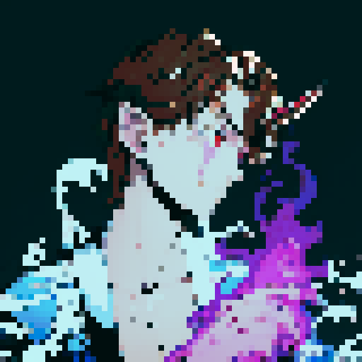 Demon boy with blue vest and purple hands