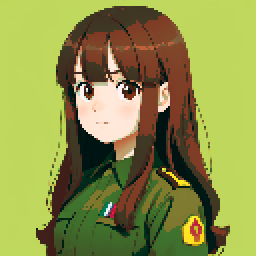 young girl, large round eyes, soft long hair, innocent expression, brown hair, brown eyes, wearing combat green army uniform, upper body close-up, transparent background, clean and detailed, game icon, centered composition