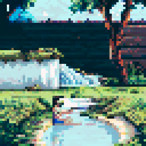 crazy cool guy with long brown hair sitting in a small pool, pixel art, sRGB, background, landscape
