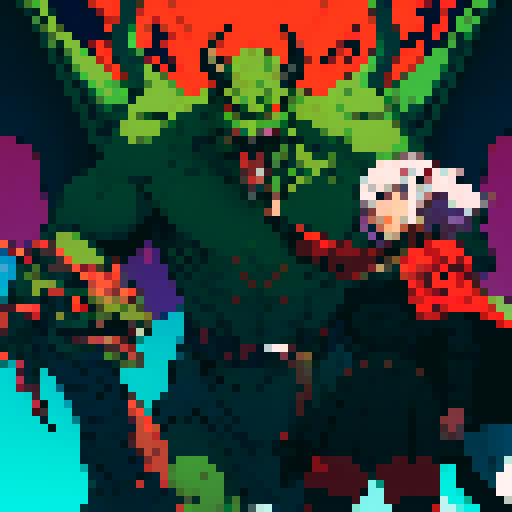 antagonist character in jrpg, giant lizardman with devil horns, evil smile, laser gun in hand, long tongue, sRGB, pixel art