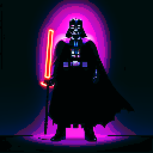 Darth Vader, menacing in pixel art, with vibrant sRGB colors capturing his dark presence, in a dramatic pose with billowing cape and glowing lightsaber
