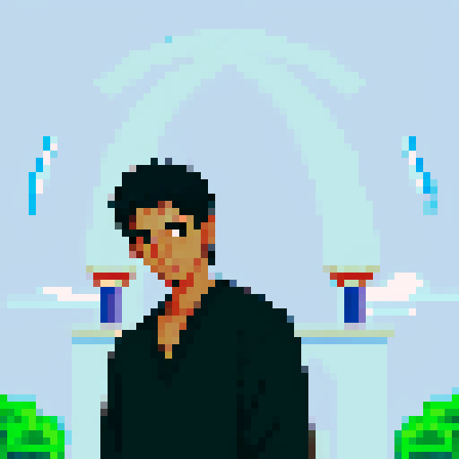 Indian boy with a slightly pointed chin and a warm, friendly smile, warm and medium-tan complexion, large and dark brown eyes with long, dark eyelashes, thick and dark brown eyebrows with a slight arch, medium-sized and slightly rounded nose, wide and expressive mouth with slightly upturned corners, short and black hair with a slight wave, character portrait, close up, anime style, pixel art