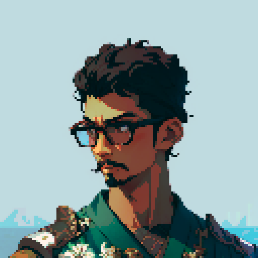 Southeast Asian man, short curly hair, round glasses, tanned, goatee, diamond shaped face, Wearing a robe like a thife