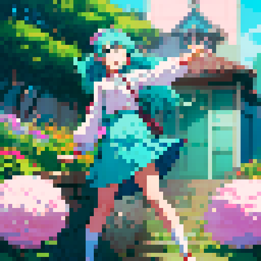 Name: Maihara Fuuka
Gender: Female
Age: Around 20, looks cute and lovely
Hair: cyan long hair, vivid eyes with a smile.  
Eyes: winking, expressing cute and some kind of tricking.
Clothing: wearing skirt.
Outfit: Expressing herself as a lovely young girl.
Accessories:  A flower on the head.
Pose: Only one hand shaking to you, smiling, and the other hand is putting behind back. Seems like verying welcoming. Stooping slightly.